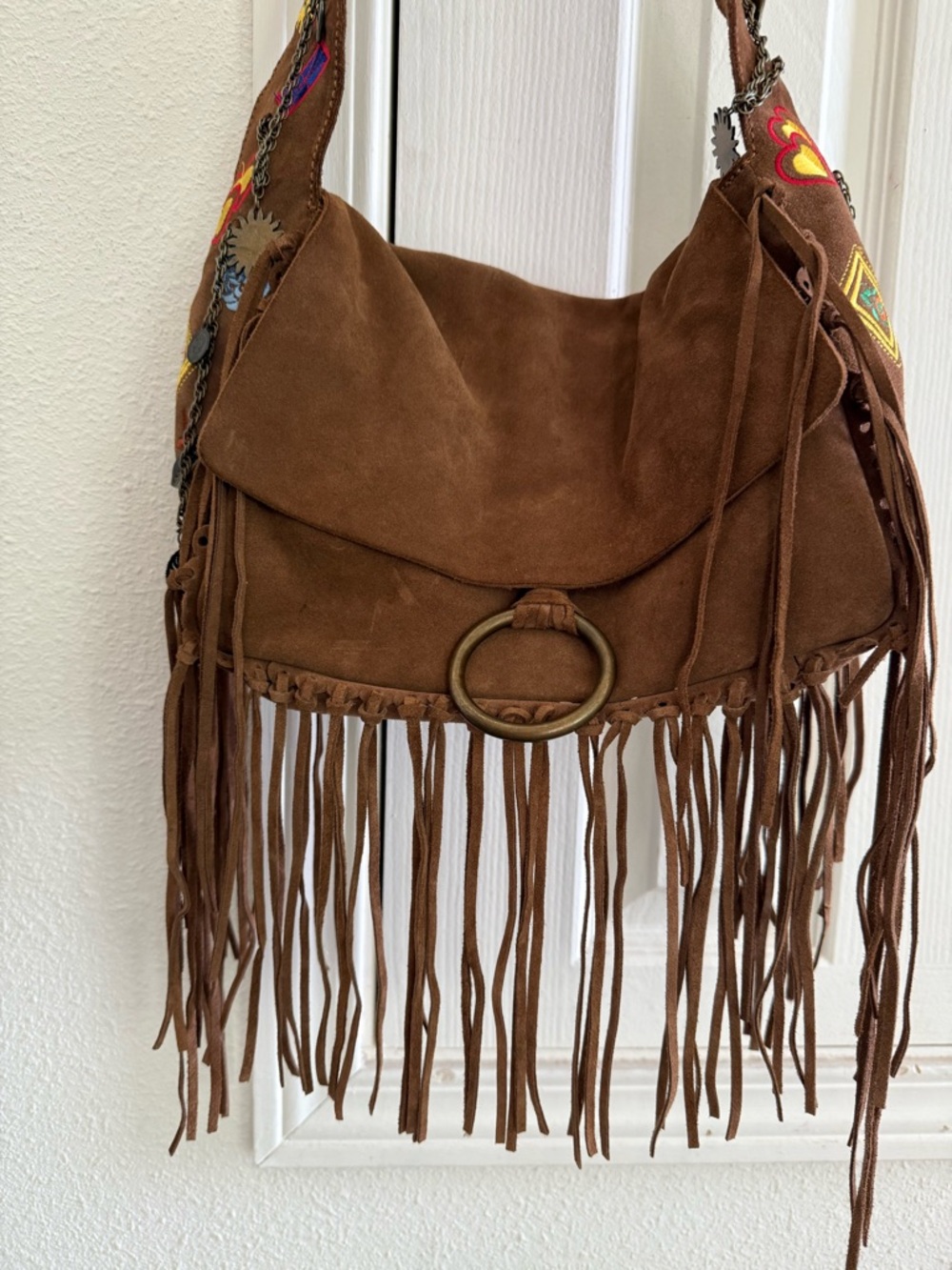 Francesco Biasia Brown Suede Fringe Shoulder Bag with Embroidered Strap - Picture 2 of 8